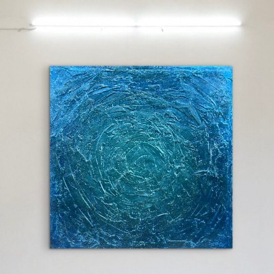 Blue Hole by Clarisse Noelle — metallic acrylic + joint compound on upcycled canvas